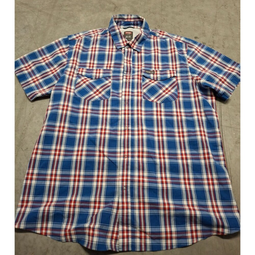 Wrangler Mens Outdoor Blue Red White Plaid Shirt XL Regular Fit Short Sleeve
